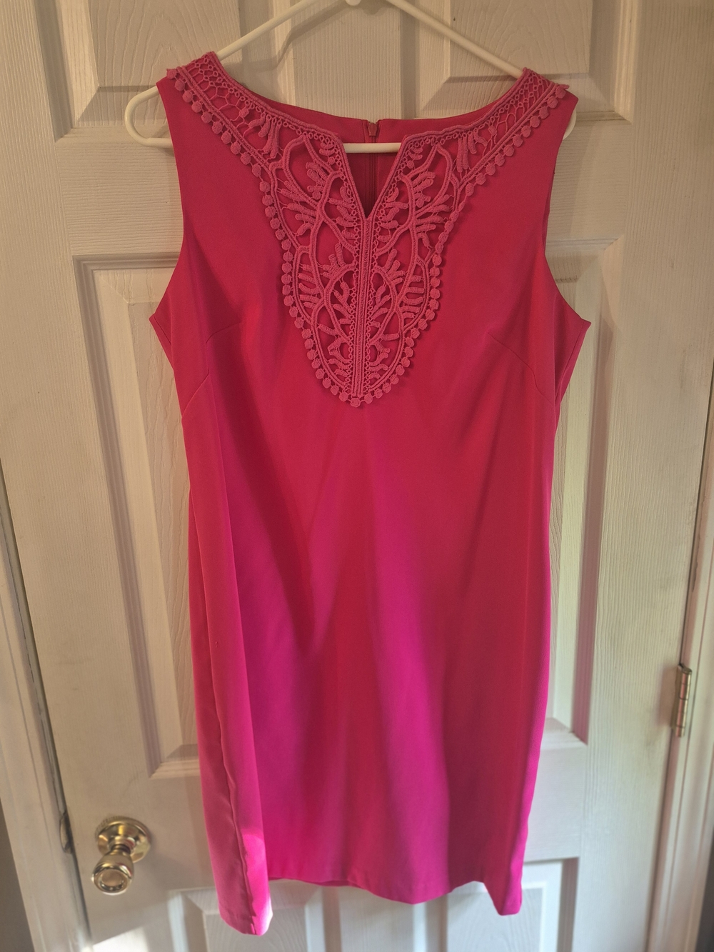 Kim Rogers Bright Pink Sleeveless Shift Dress with Crochet Yoke